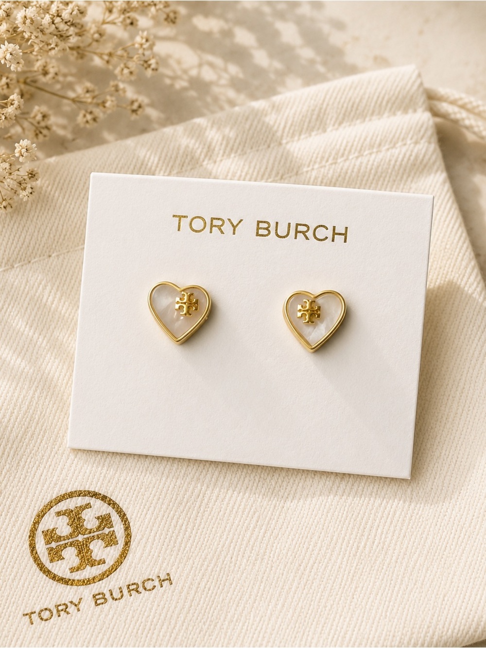Tory Burch Gold and White Heart Logo Stud Earrings